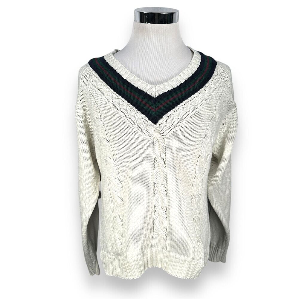 Vintage Cape‎ Isle Knitters Tennis Sweater Men’s Large White V-Neck 100% Cotton
